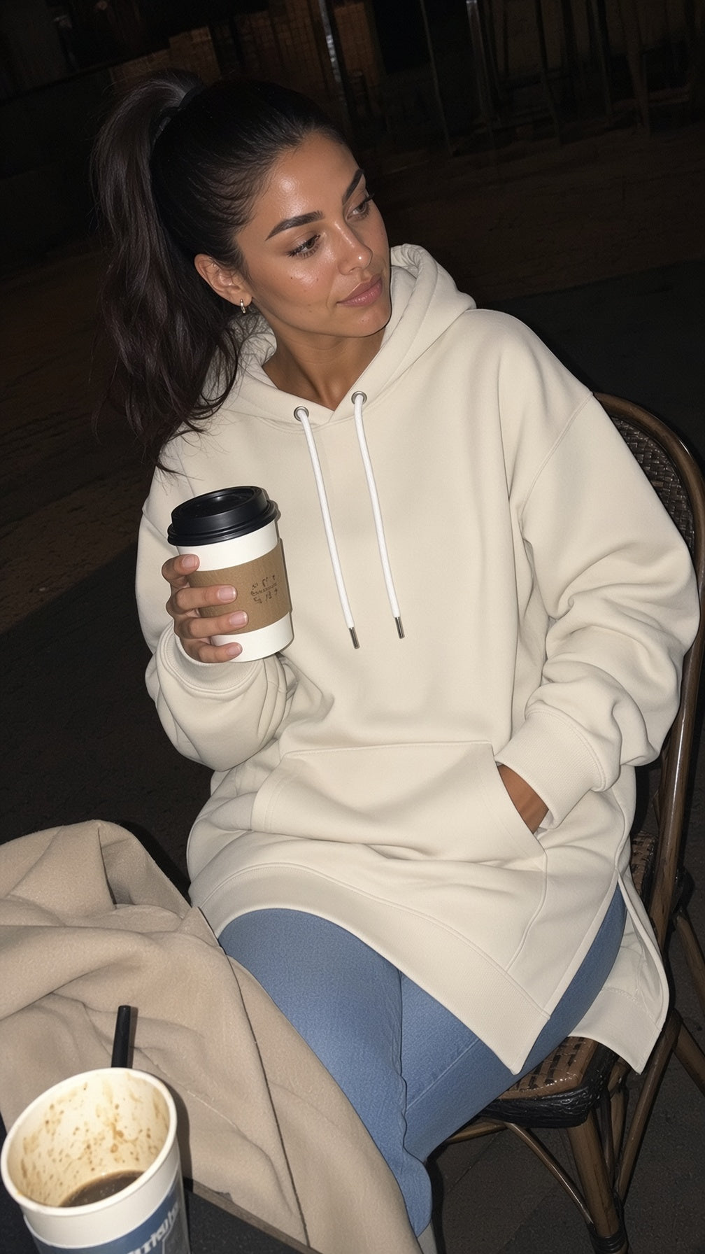 Woman in a Warmy hoodie dress answering the door at home