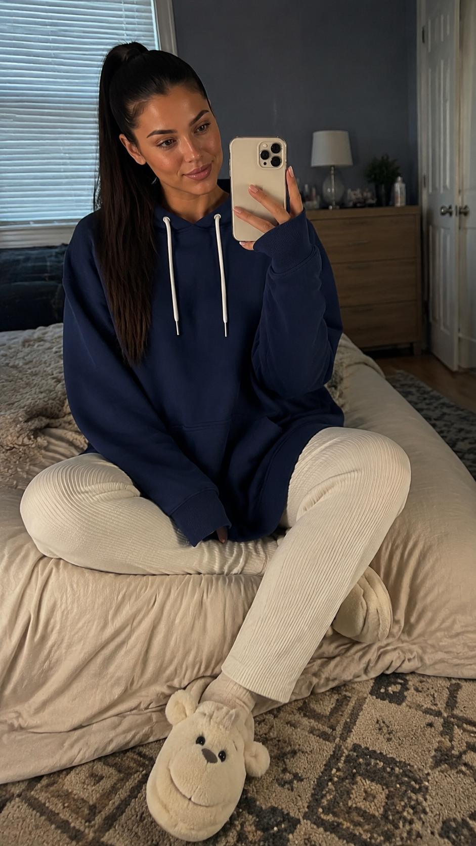 Woman wearing a Warmy hoodie dress with tights and boots